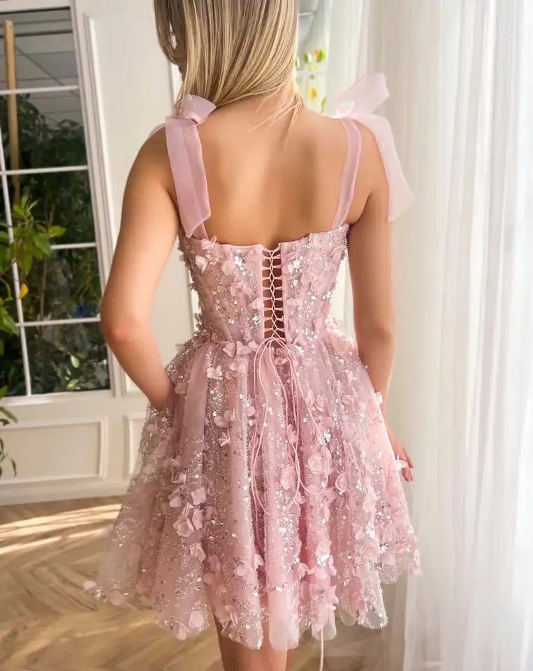 Pink Fairy Floral Lace Tulle Mini Prom Dress - Celestia Elegance